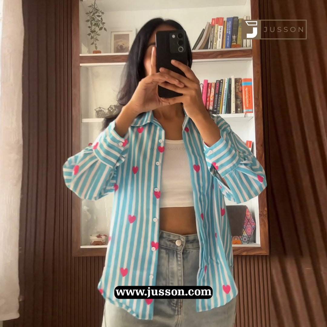 Blue Striped With Pink Heart Printed Casual Shirt