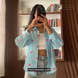 Blue Striped With Pink Heart Printed Casual Shirt