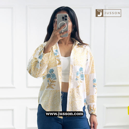 White And Yellow Floral Printed Oversized Shirt