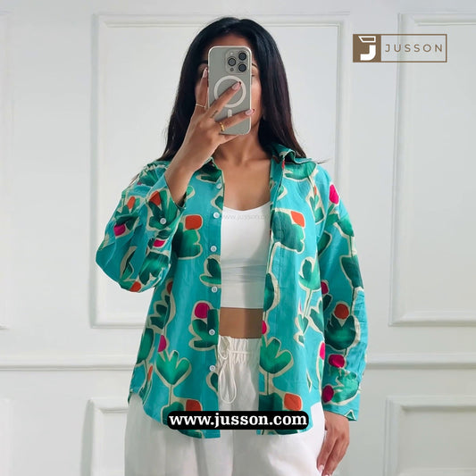 Teal Tropical Abstract Printed Oversized Shirt