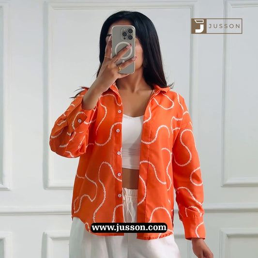 Bright Orange Wavy Line Printed Oversized Shirt