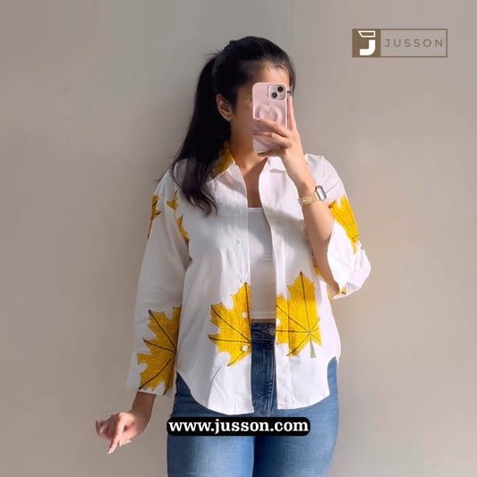 White And Yellow Leaf Printed Button Down Casual Shirt
