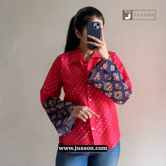 Pink Printed Contrast Ethnic Bell Sleeve Casual Shirt