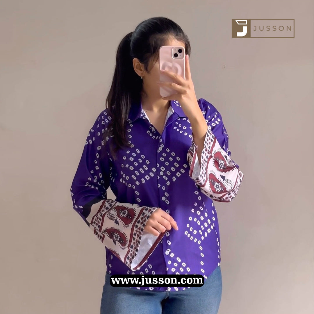 Stylish Purple Bandhni Printed Bell Sleeve Casual Shirt