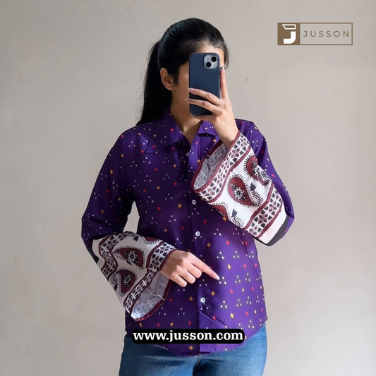 Purple Dot Printed Bell Sleeve Casual Shirt