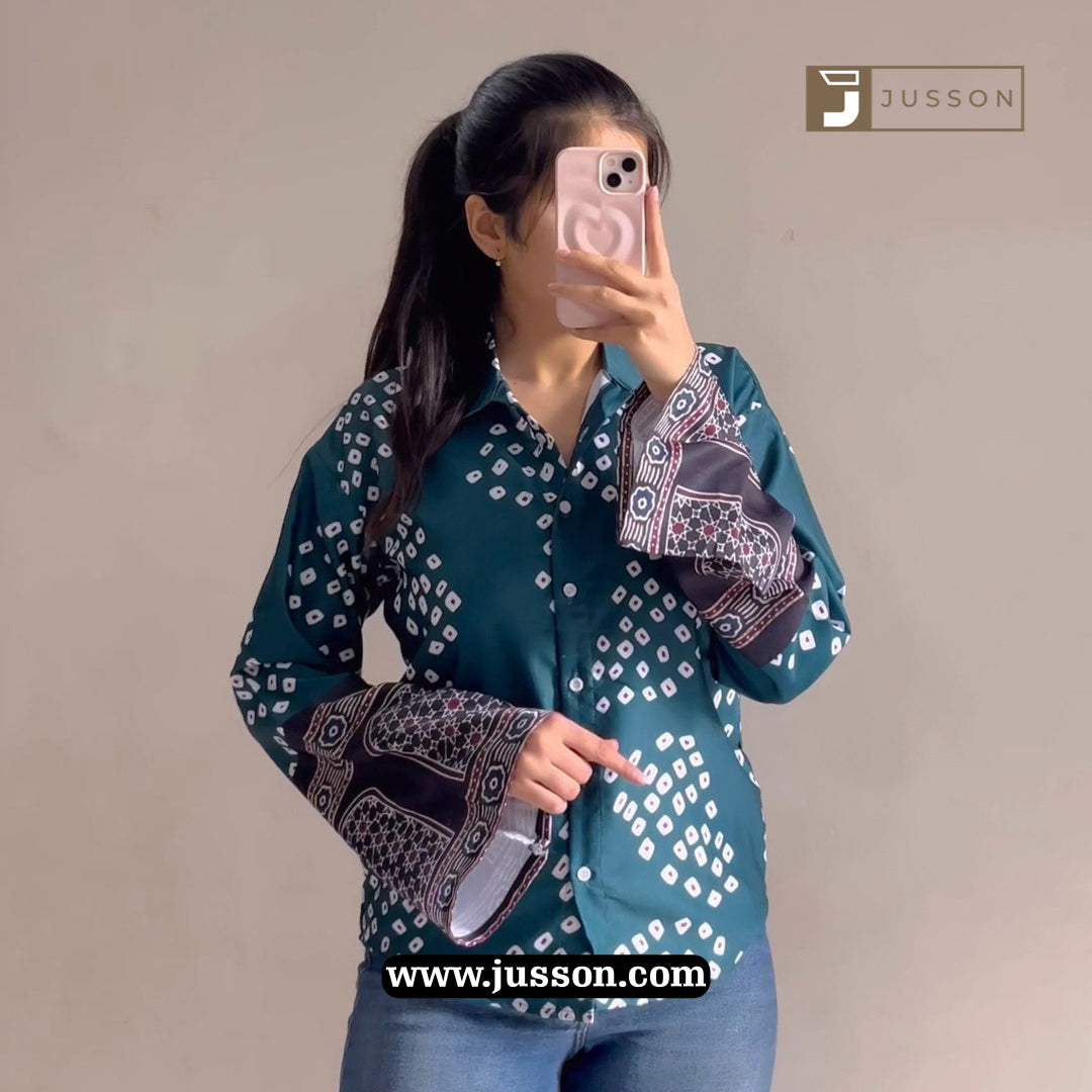 Bottle Green Bandhni Printed Bell Sleeve Casual Shirt