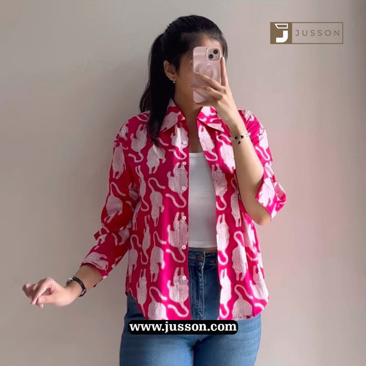 Jusson Hot Pink White Cat Printed Button Down Shirt