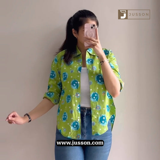 Jusson Green Blue Owl Printed Button Down Shirt