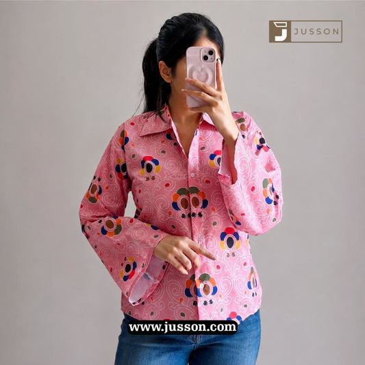 Pink Ethnic Printed Bell Sleeve Casual Shirt