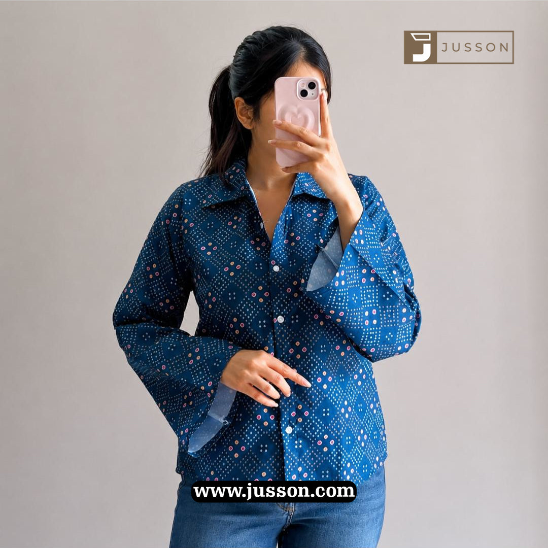 Navy Blue Geometric Printed Bell Sleeve Casual Shirt