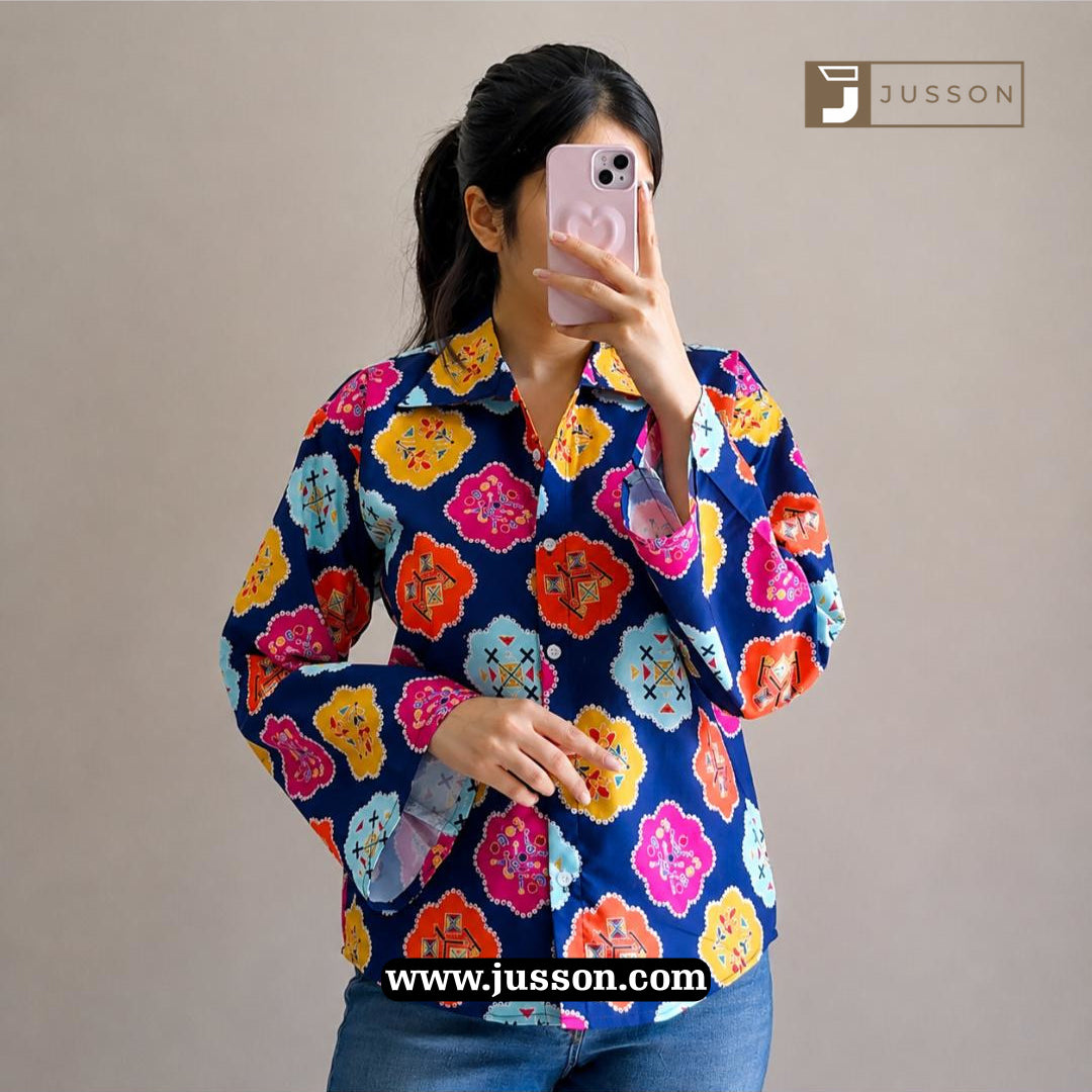 Multi Color Floral Motif Printed Bell Sleeve Casual Shirt