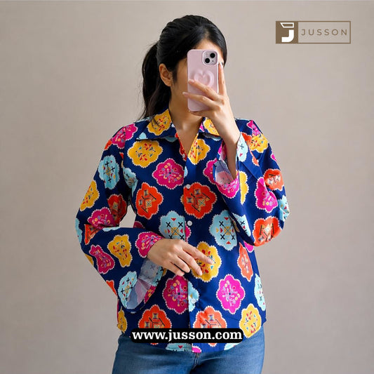 Multi Color Floral Motif Printed Bell Sleeve Casual Shirt