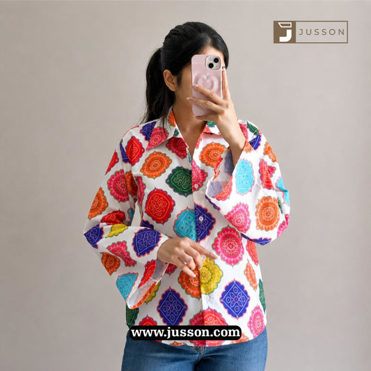White Boho Printed Bell Sleeve Casual Shirt