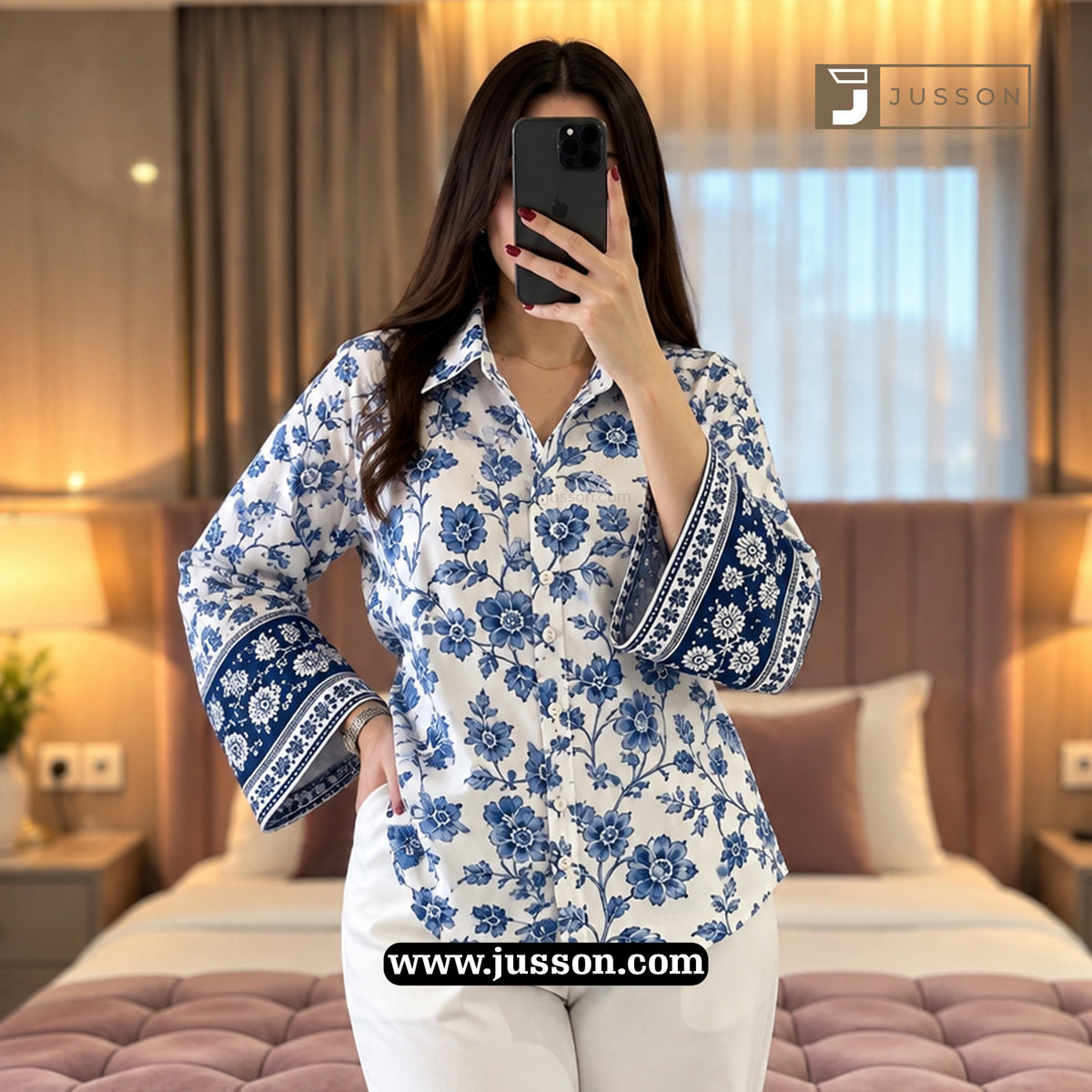 Ivory And Blue Floral Printed Bell Sleeve Casual Shirt