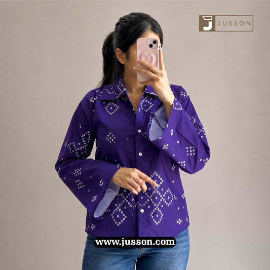 Purple Bandhni Printed Bell Sleeve Casual Shirt