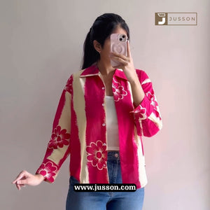 Pink Floral Printed Oversized Button Down Shirt