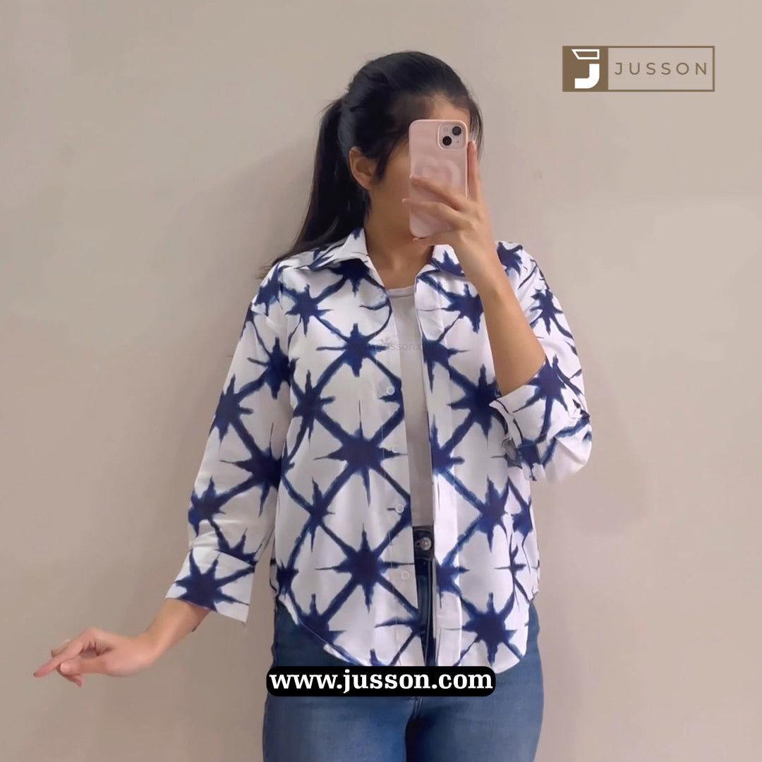 Blue Starburst Printed Oversized Button Down Shirt