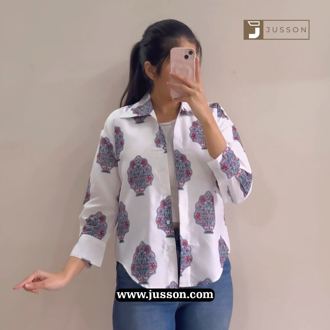 White Ethnic Printed Oversized Button Down Shirt