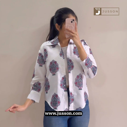 White Ethnic Printed Oversized Button Down Shirt