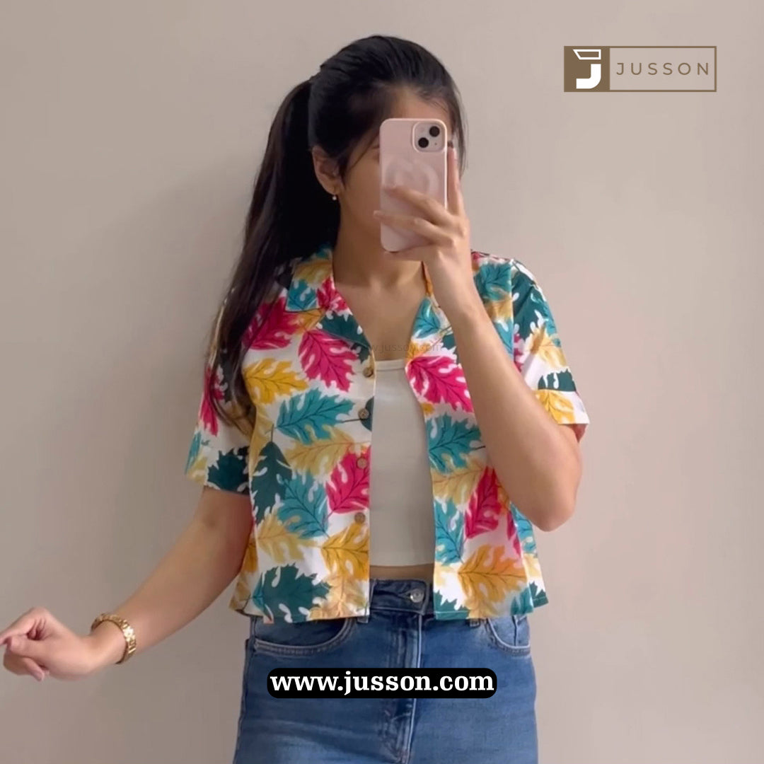 Multi Color Leaf Printed Crop Shirt