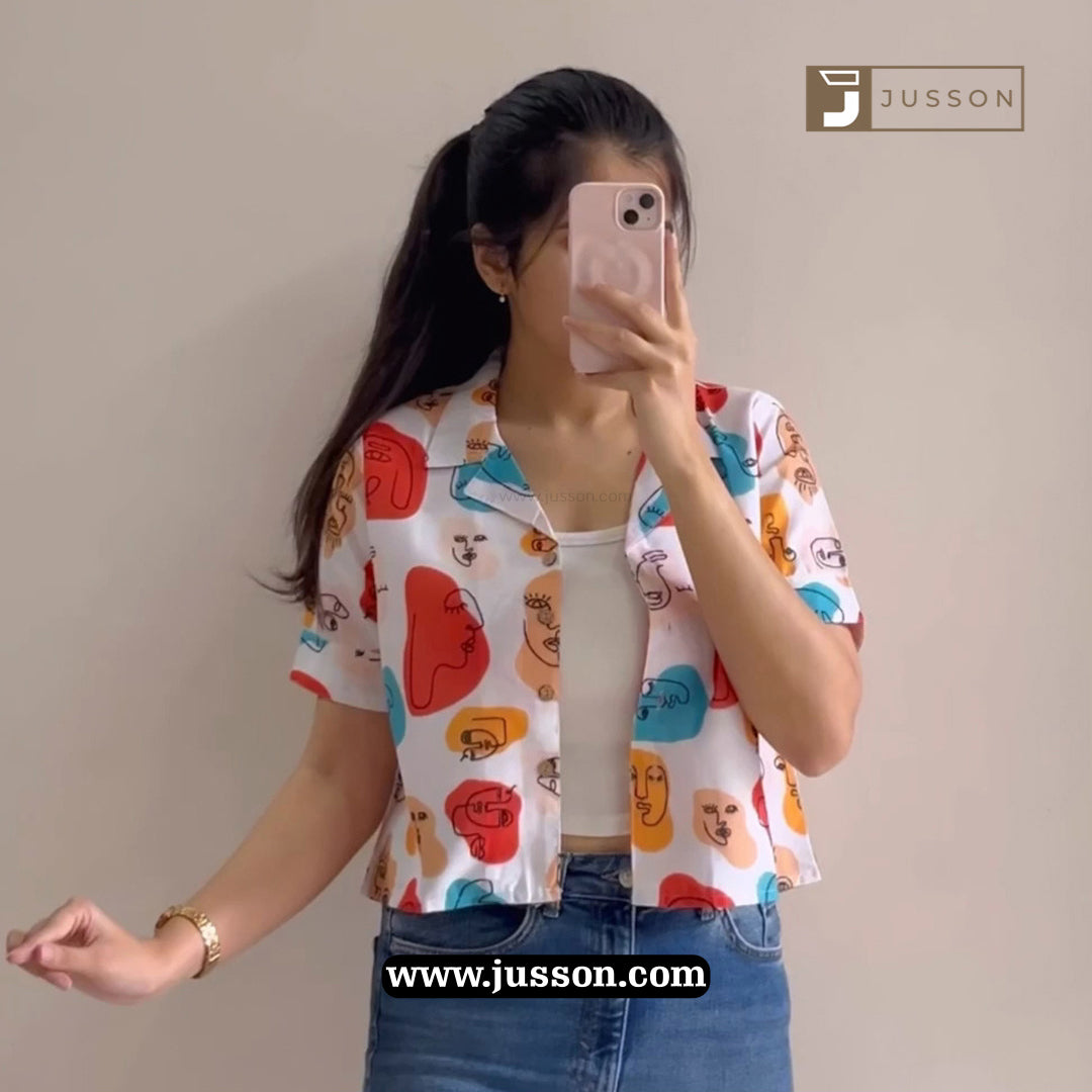 Multicolor Face Art Printed Crop Shirt
