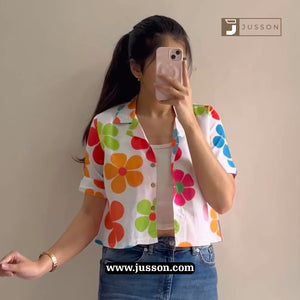 White And Orange Floral Printed Crop Shirt