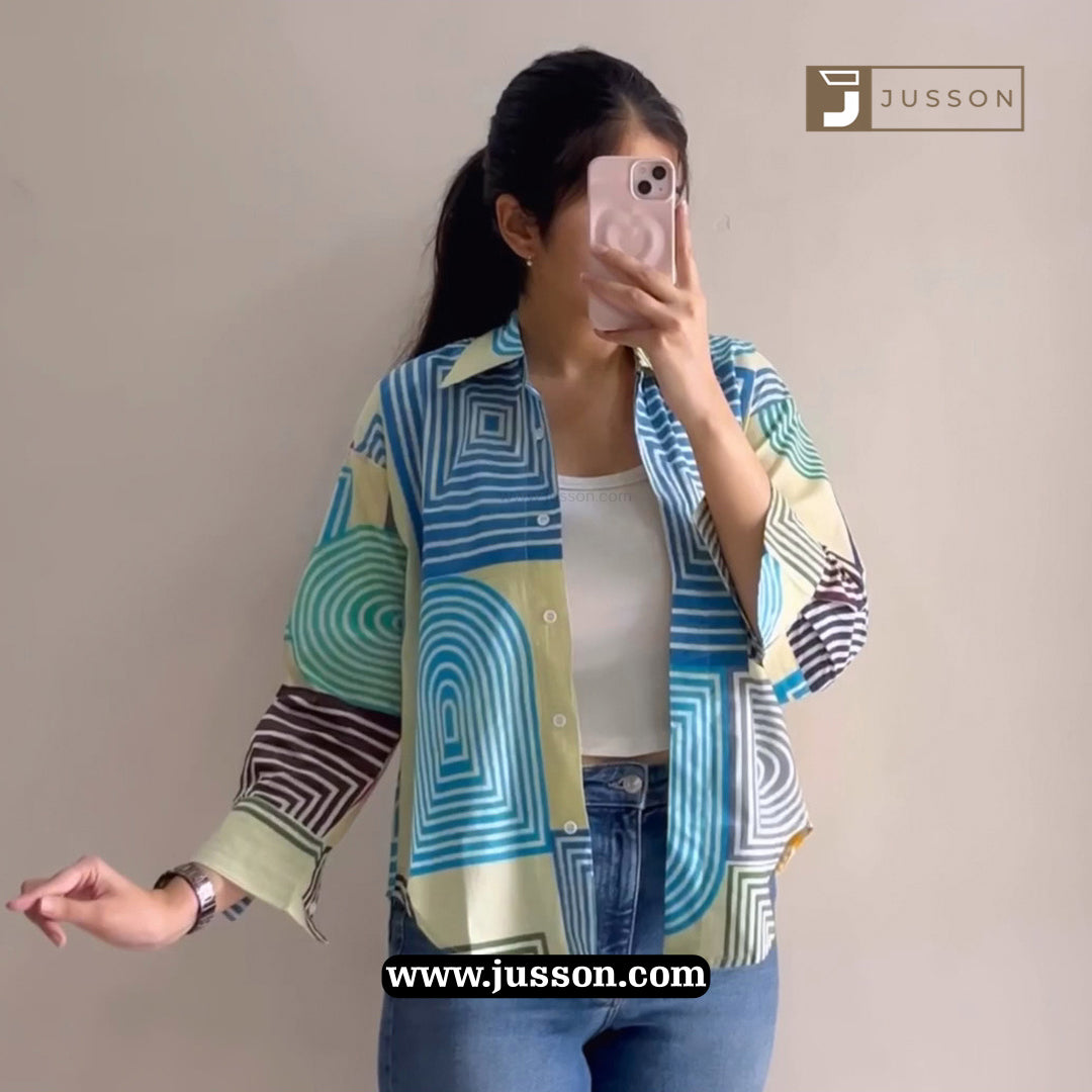 Blue And Cream Geometric Maze Printed Oversized Shirt