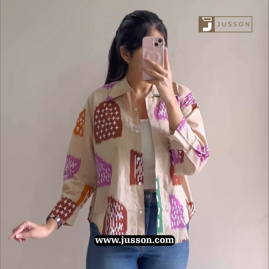 Beige And Lilac Abstract Printed Casual Oversized Shirt