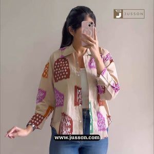 Beige And Lilac Abstract Printed Casual Oversized Shirt