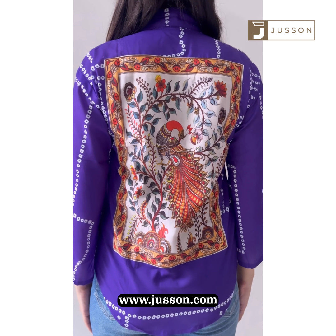 Purple Bandhni And Peacock Artwork Back Printed Casual Shirt