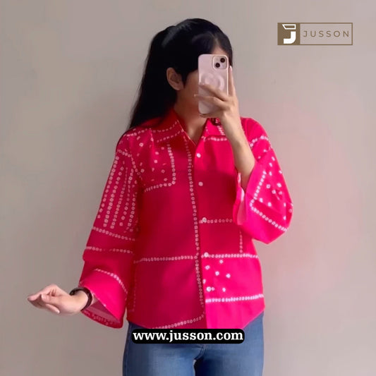 Pink Bandhni And Peacock Artwork Back Printed Casual Shirt