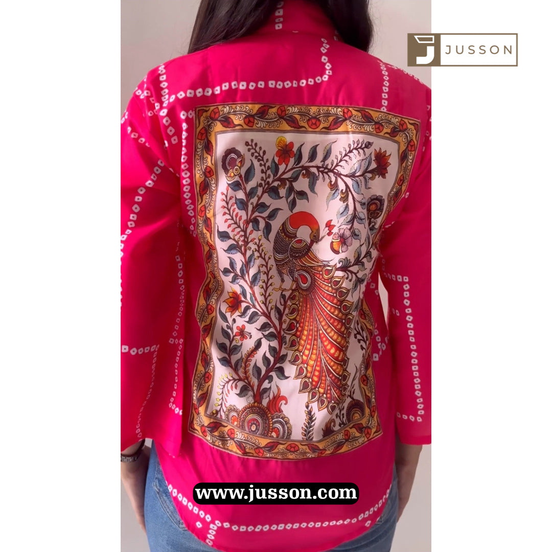 Pink Bandhni And Peacock Artwork Back Printed Casual Shirt