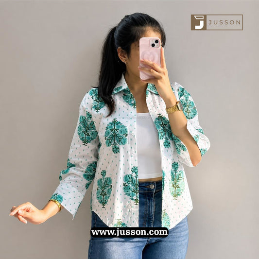 White And Green Floral Printed Oversized Shirt