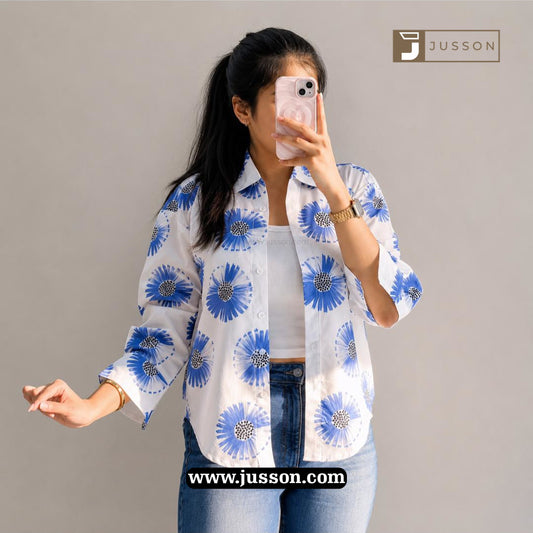 White And Blue Floral Printed Oversized Shirt