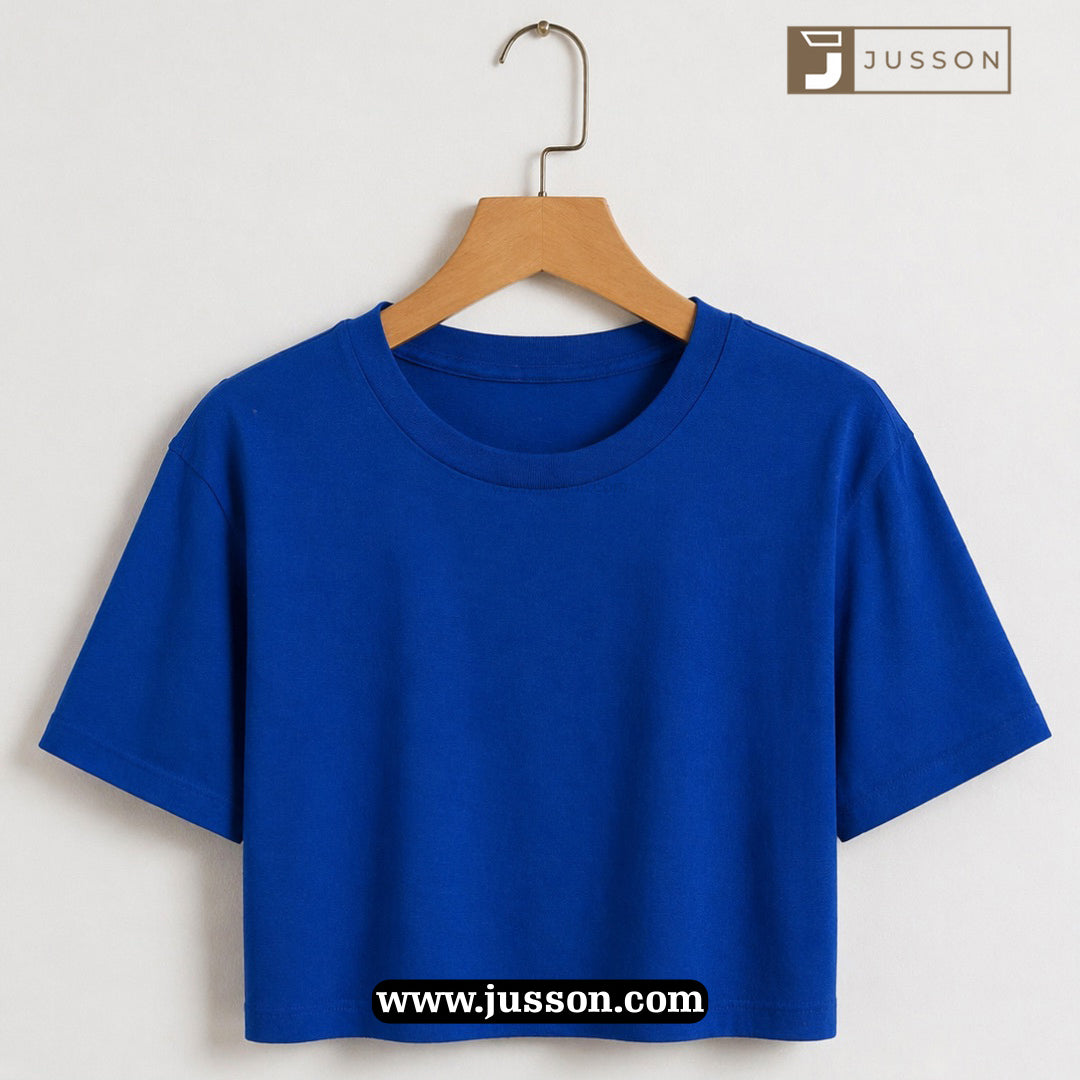 Women’s Solid Royal Blue Round Neck Half Sleeve Crop Top
