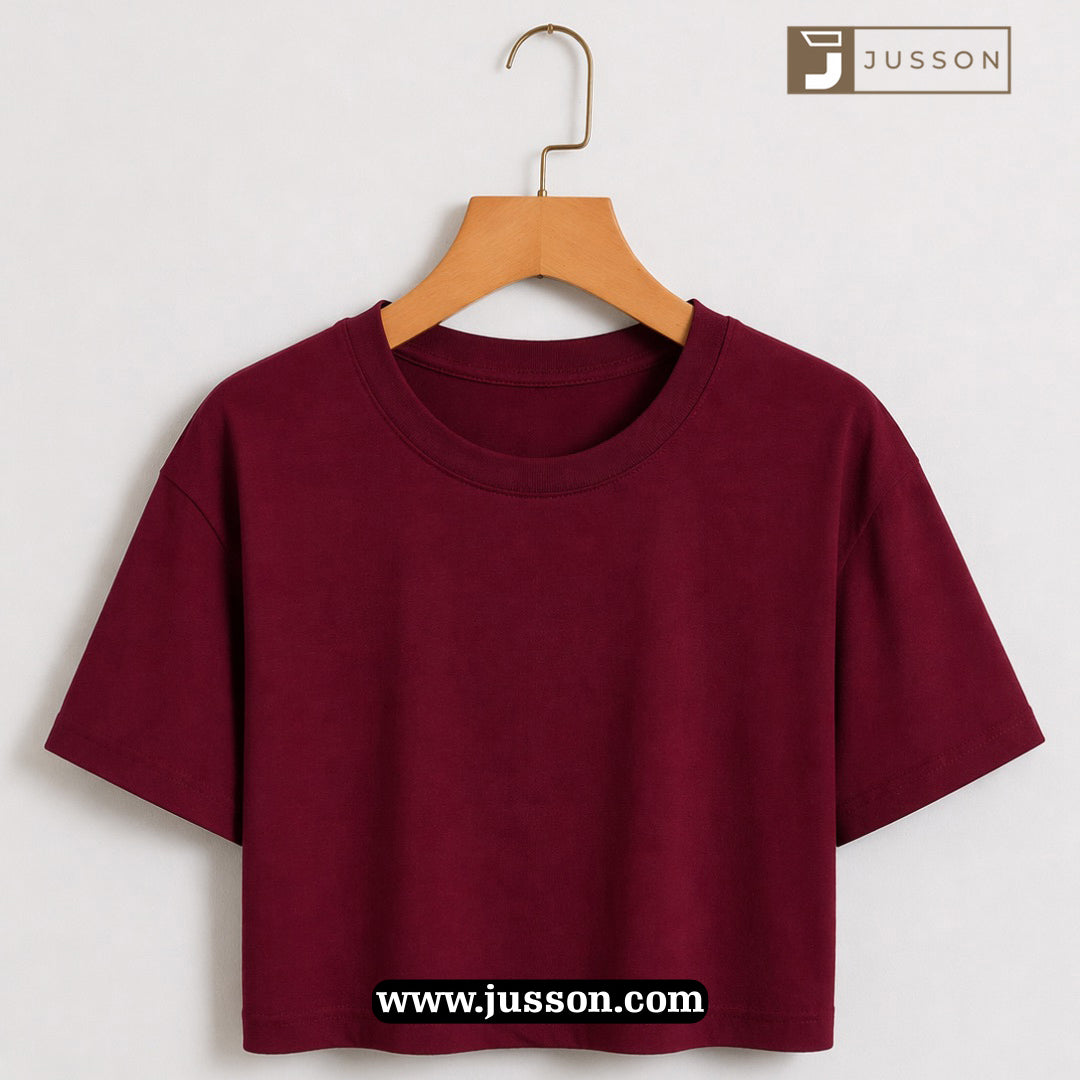 Women’s Solid Maroon Round Neck Half Sleeve Crop Top