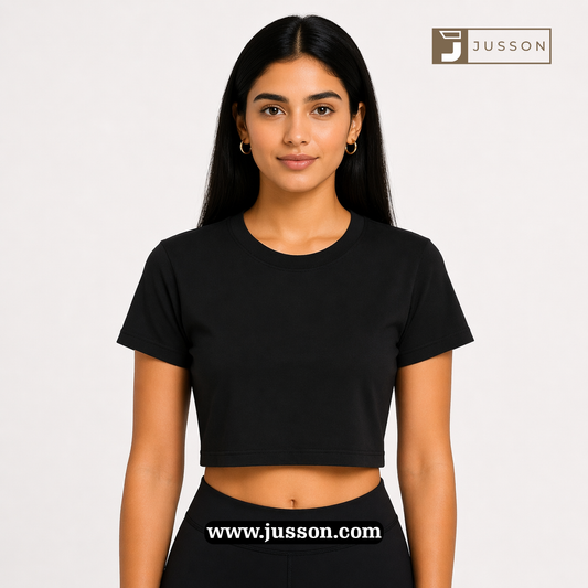 Women’s Solid Black Round Neck Half Sleeve Crop Top