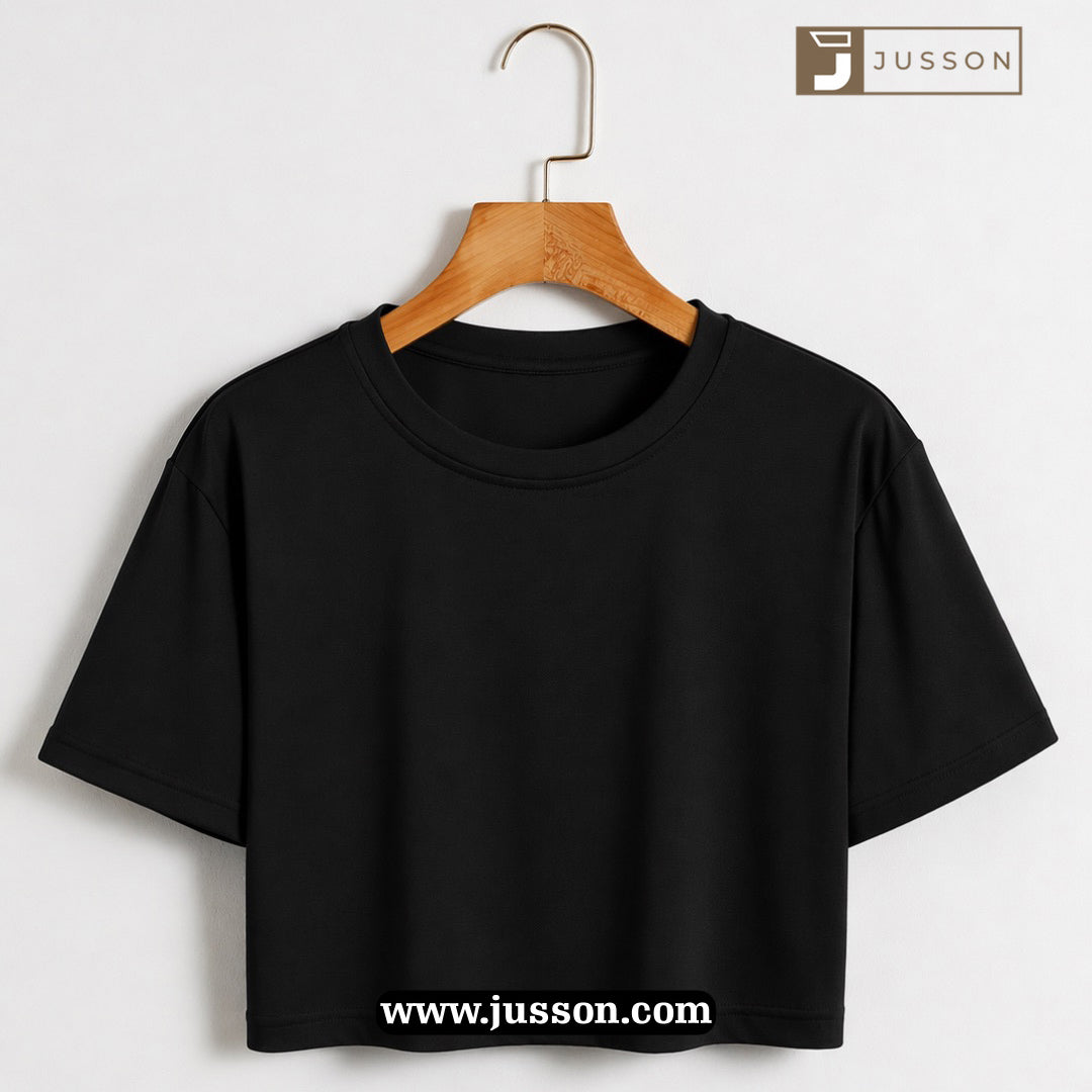 Women’s Solid Black Round Neck Half Sleeve Crop Top