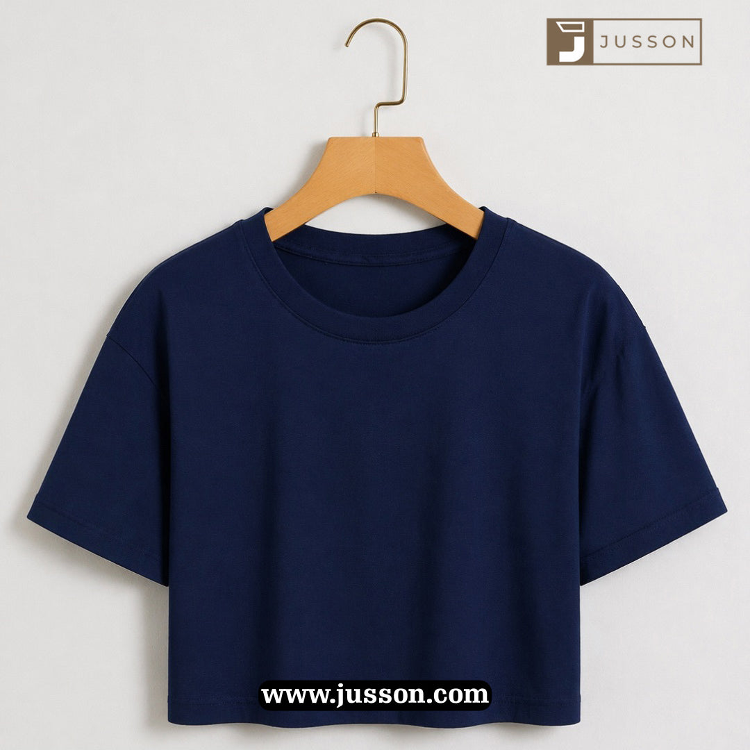 Women’s Solid Navy Blue Round Neck Half Sleeve Crop Top