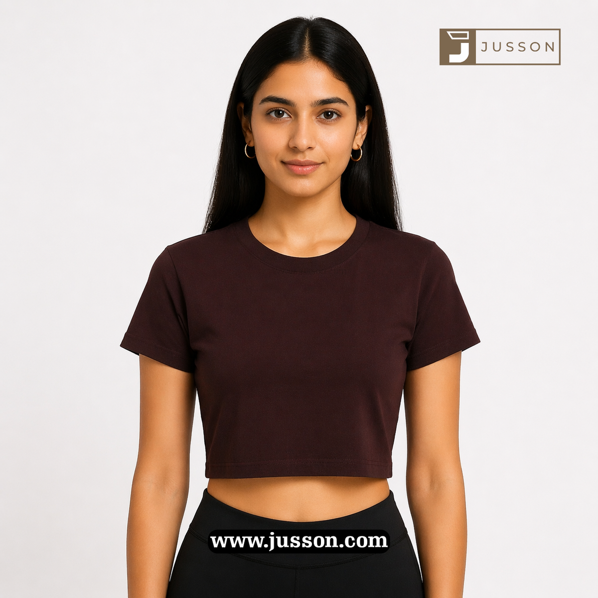 Women’s Solid Brown Round Neck Half Sleeve Crop Top