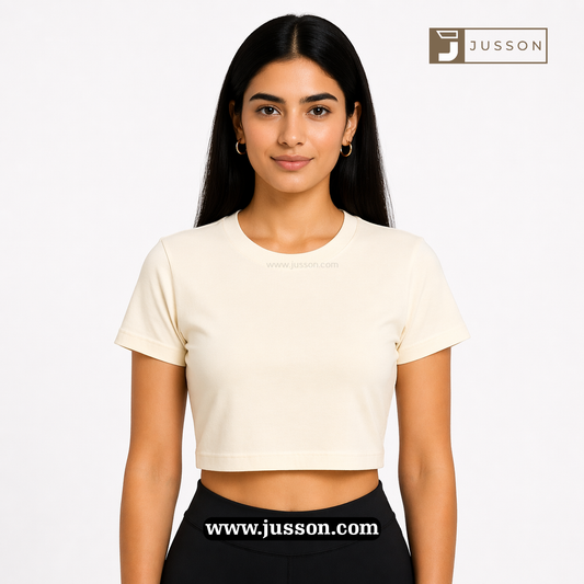Women’s Solid Ivory Round Neck Half Sleeve Crop Top