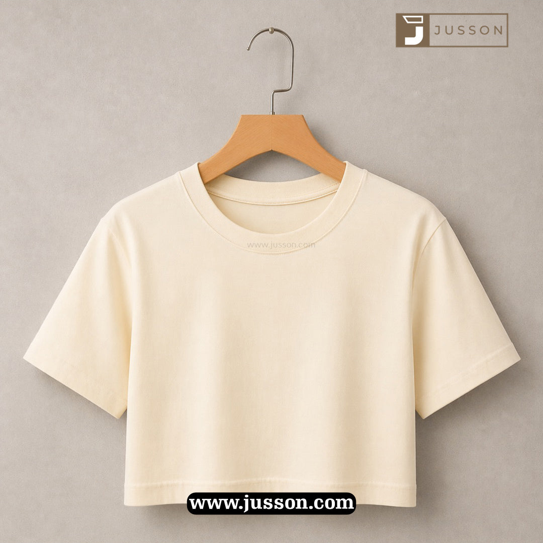 Women’s Solid Ivory Round Neck Half Sleeve Crop Top