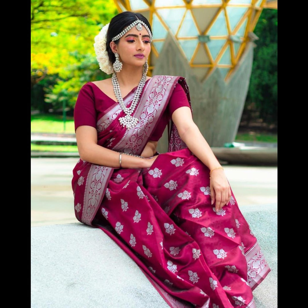 Magenta And Silver Silk Saree For Women