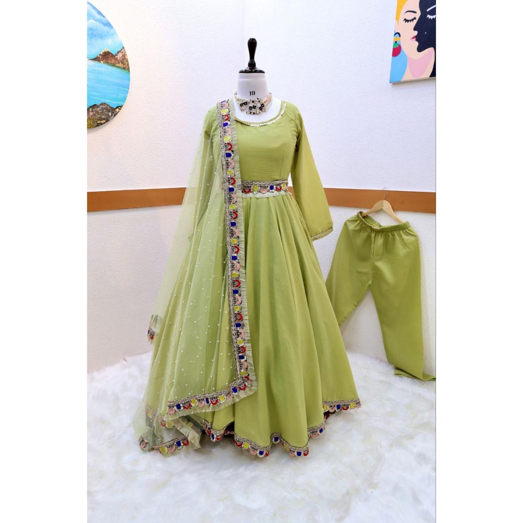 Green Chinon Silk Embroidery Worked Kurti Set