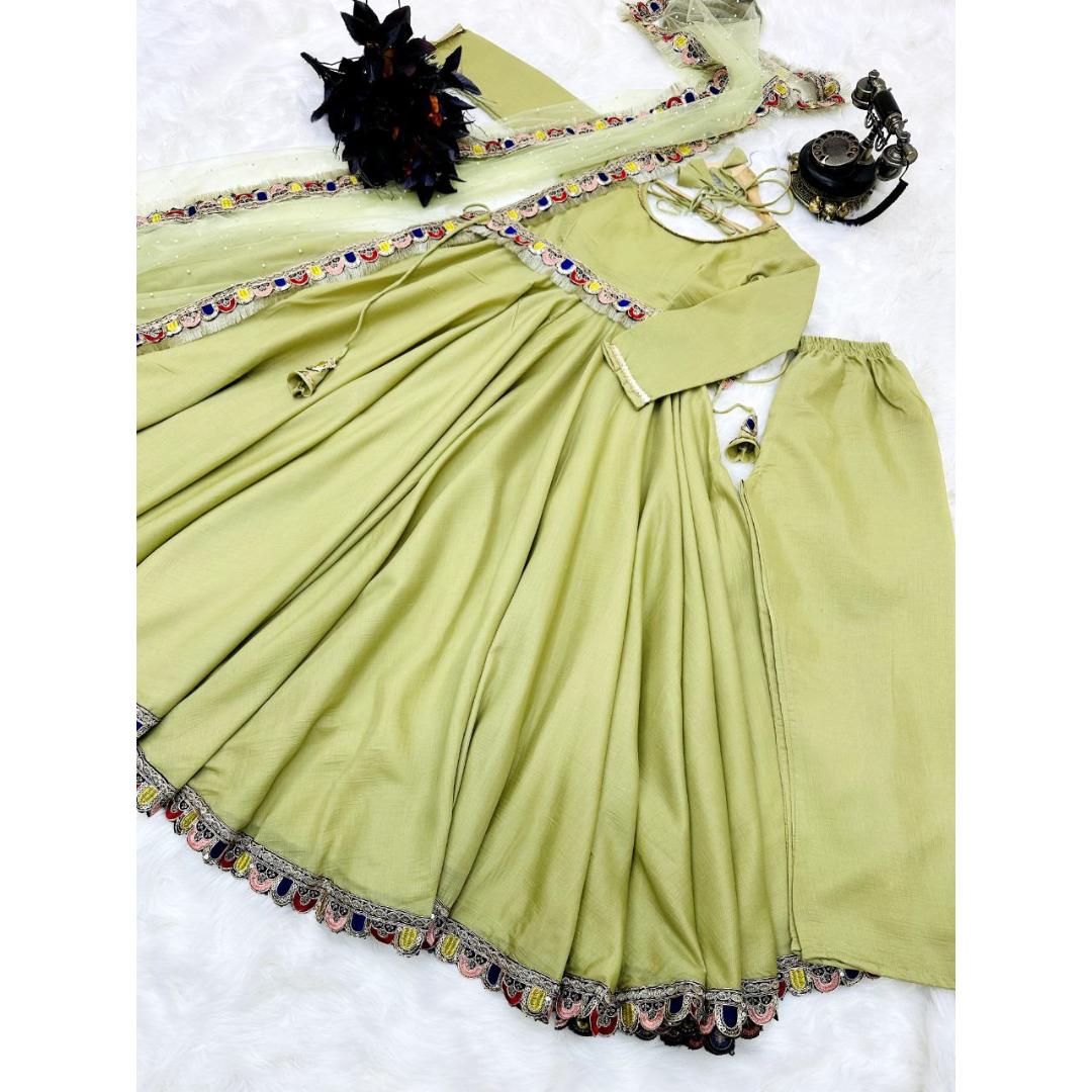 Green Chinon Silk Embroidery Worked Kurti Set