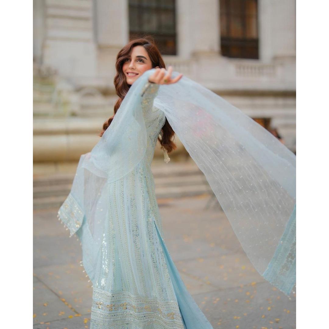 Sky Blue Embroidery Kurti With Soft Net Dupatta Set