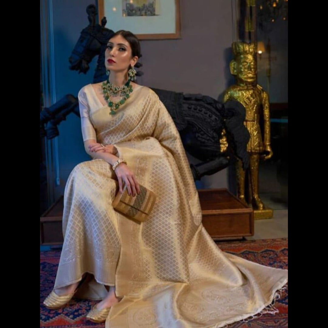 White Soft Silk Saree With Zari Weaving