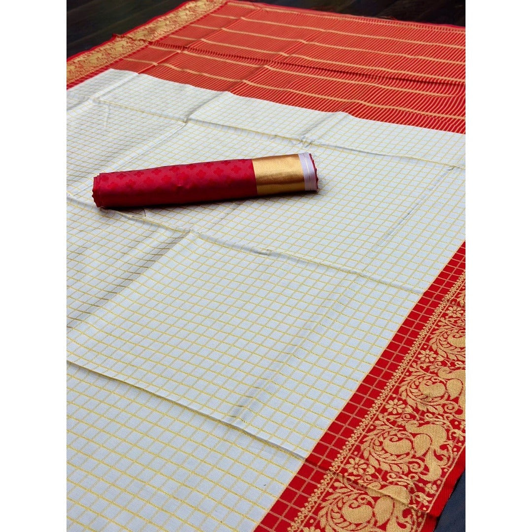White And Red Checks Weaving Soft Silk Saree